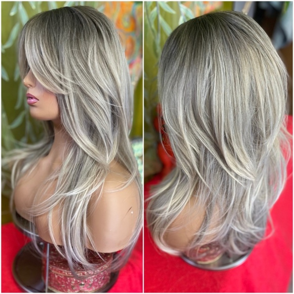 grey blonde long layered wig curtain bangs